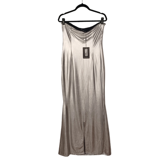 PRETTY LITTLE THING Metallic Silver Slinky Bandeau Stretchy Maxi Dress 10 NWT - Picture 3 of 12